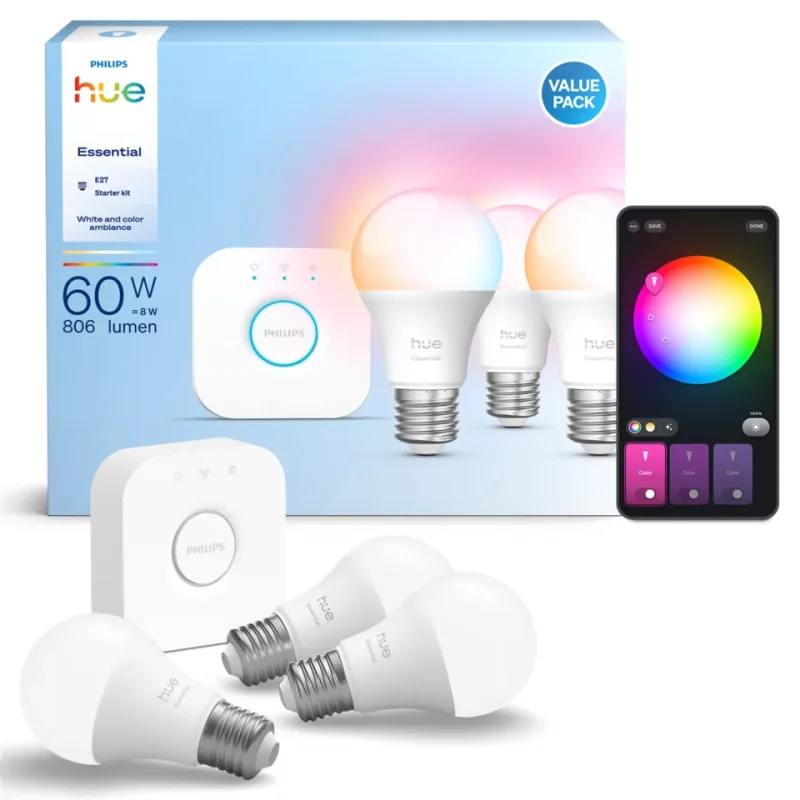 Промо пакет Philips Hue Essential Starter Kit 3 бр. смарт крушки + хъб Philips Hue Bridge - Снимка 1