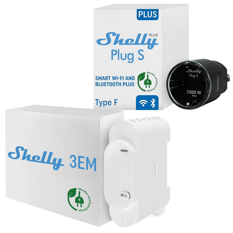 Промо пакет Shelly смарт плъг Shelly Plus Plug S  1бр. черен + смарт електромер Shelly 3EM 1 бр.